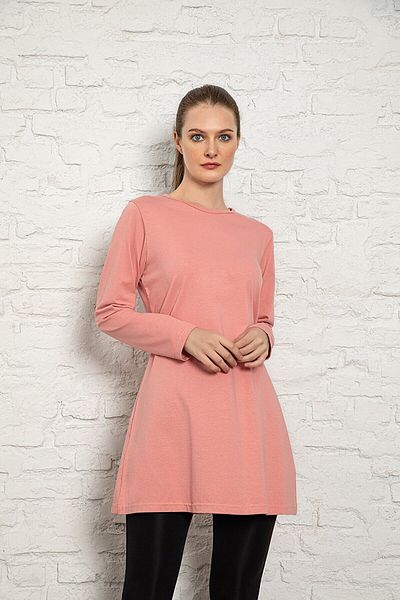 MyBen Дамска туника с дълъг ръкав и кръгло деколте от памук, розов цвят, Slm32