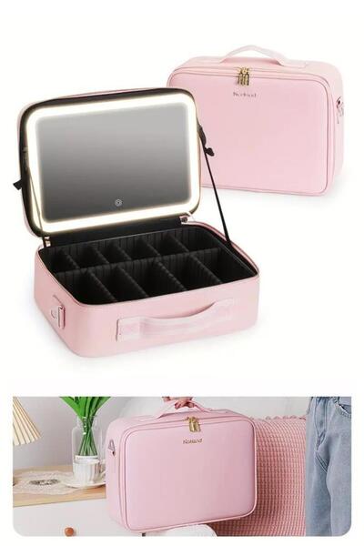 MUJGAN Çok Amaçlı Led Aynalı Bölmeli Seyahat Makyaj Çantası Pembe