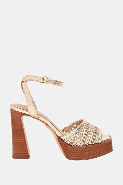 Katy Perry Sandale de damă cu toc din paie aurie - curea stabilă la gleznă