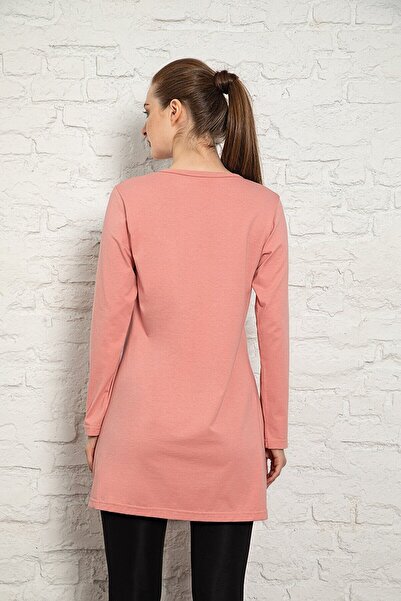 MyBen Kadın Pembe Renkli Uzun Kol Pamuklu Bisiklet Yaka Penye Tunik-içlik Slm32