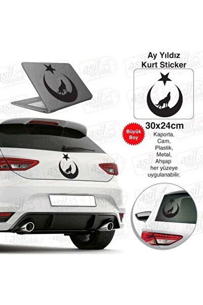 Genel Markalar Türkiye Ay Yıldız Bayrak Kurt Siyah Sticker - Araç Oto Araba Etiket, Çıkartma, Modifiye, Aksesuar