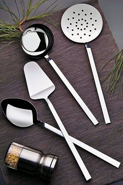 Bayev Steel Serving Colander Ladle Spoon Spatula Set 4 Pieces Luxury Kitchen Serving Meal Prep Set
