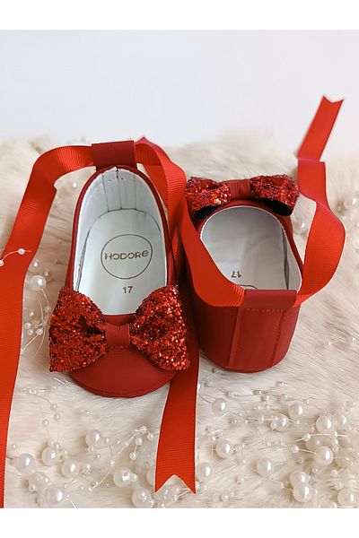 Hodore Perla Red Genuine Leather Baby Loafer Ballerina Shoes
