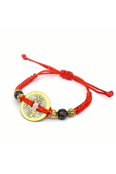 PİRAMİGO 1 Pirinç Çin Şans Servet Parası Kırmızı Ip Bileklik