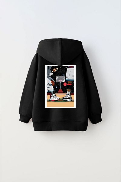 The Champ Clothing Унисекс черен детски суитшърт - с качулка, текст с полар, щампа с баскетболна топка