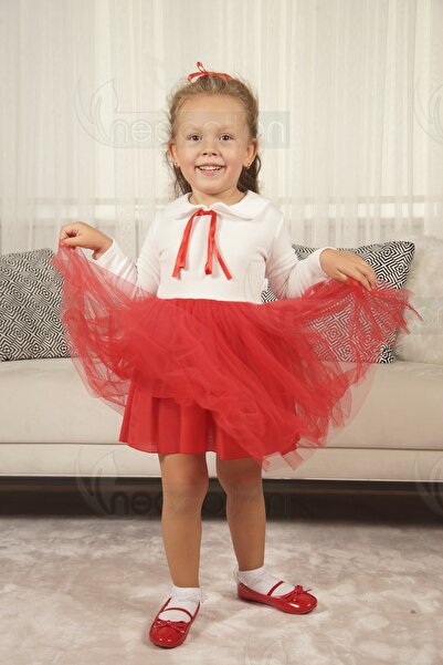 neocotton Kız Çocuk Bebe Yaka Uzun Kollu Astarlı Tüllü Elbise