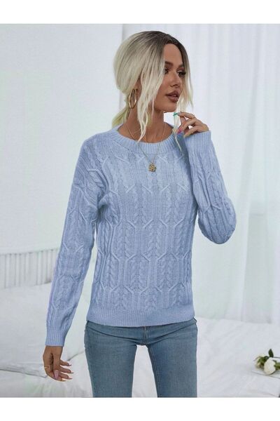 AQE FASHION Saç Örgülü Desenli Bisiklet Yaka Bebe Mavi Triko Kazak