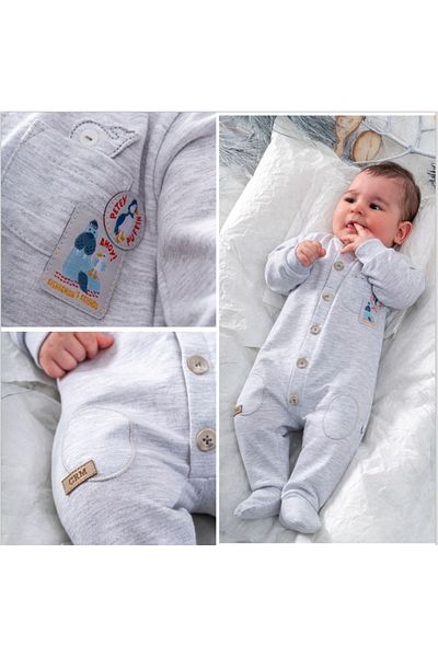 Caramell Baby Jumpsuit 100% Cotton (1-3, 3-6 Months with Booties, 6-9 Months, 9-12 Months Without Booties) Buttoned Pocket Detail