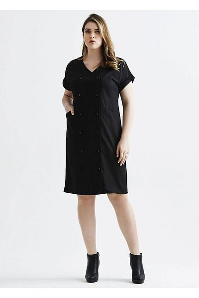 EVEN plus size Double Breasted Striped Black Plus Size Dress