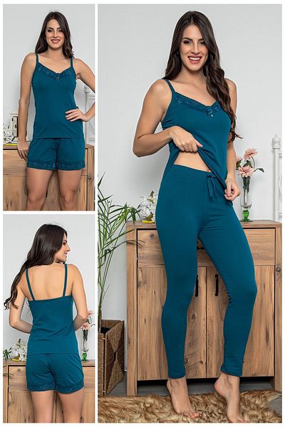 MyBen Women's Petrol Colored Lace Detailed Pajama Set with Shorts and Tights, Set of 3 75007