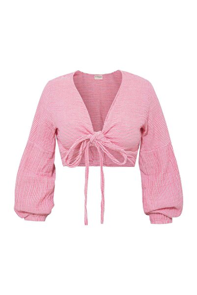 Le Monade Dreams Pembe Çizgili Önden Bağlamalı Bluz