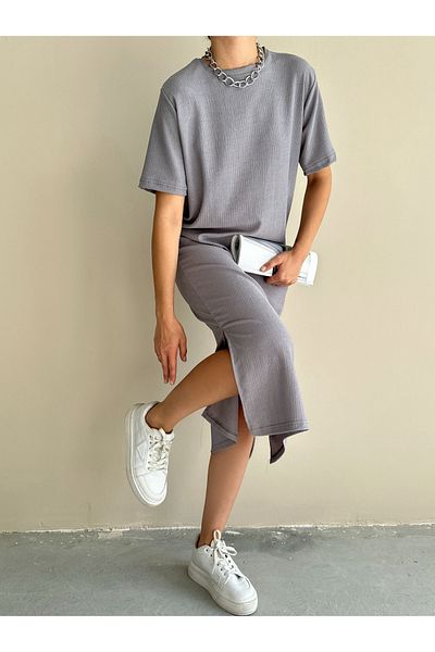 BEJNA Grau gestrickt - Sommer langes lässiges Damenkleid