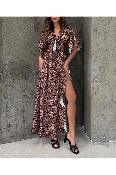 FASHION COCKTAIL Țesătură în relief cu imprimeu leopard - Set de fuste de vară cu mâneci scurte și fante lungi maro
