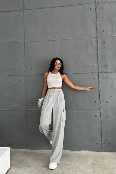 Ortaya Çık Light Gray Palazzo Cargo Pants - Pocketed