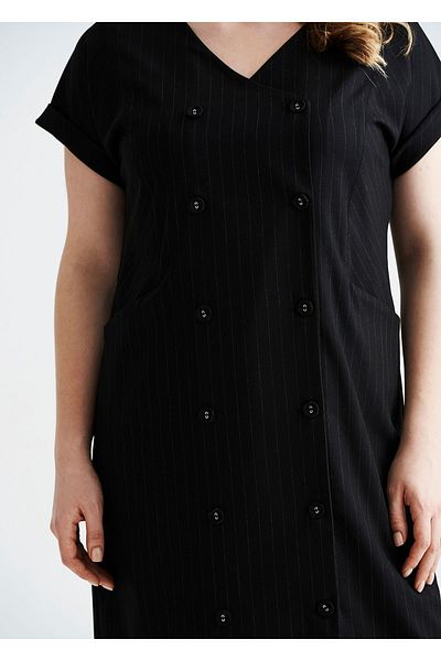 EVEN plus size Double Breasted Striped Black Plus Size Dress
