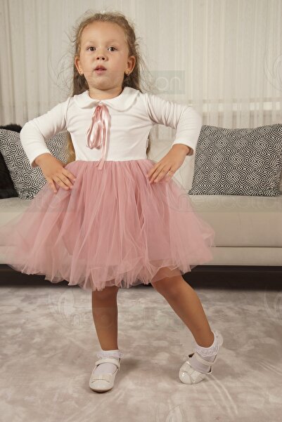 neocotton Kız Çocuk Bebe Yaka Uzun Kollu Astarlı Tüllü Elbise