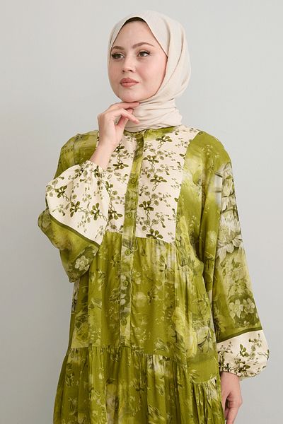 InStyle Khaki Viscose Dress - Crispy Flower Detail