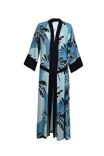 Flow by Eda Tümer Uzun Kimono - Mavi Siyah Yaprak Desen