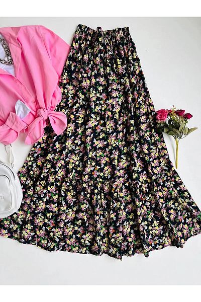 Namaste Vintage Colorful Floral Patterned Viscose Skirt - Elastic Waist (Size Matching S/M/L)