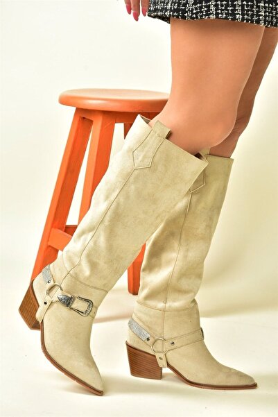 Fox Shoes Bézs velúr alacsony sarkú cowboy modell csizma N882880702