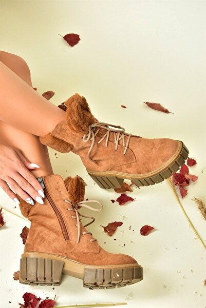 Fox Shoes Taba Süet Kalın Taban Kadın Kürklü Bot N820171002