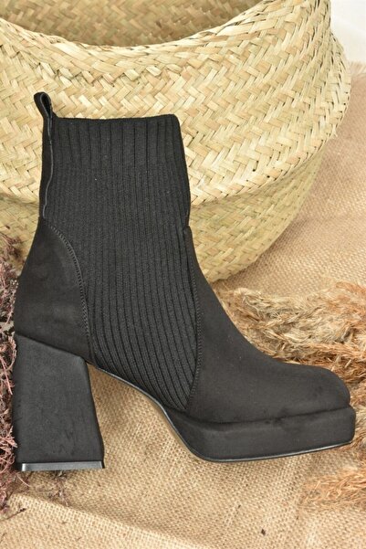 Fox Shoes Siyah Süet Platform Topuklu Triko Kadın Bot L282190602