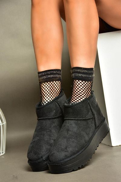 Fox Shoes R612033402 Black Suede Thick Soled Half Women's Boots with Hair on the Inside