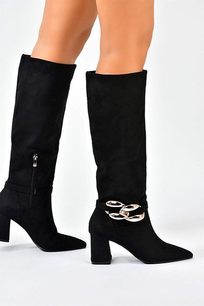 Fox Shoes Μαύρες σουέτ αλυσίδα γυναικείες μπότες με χοντρό τακούνι με λεπτομέρειες L572951002