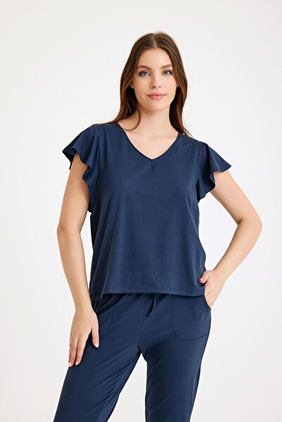 Amarelle Σετ γυναικεία πιτζάμες Navy Blue Flounced Cotton