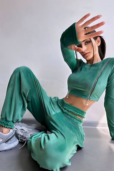 Love Fab Set de trening din catifea cu mânecă lungă, cu fermoar dublu
