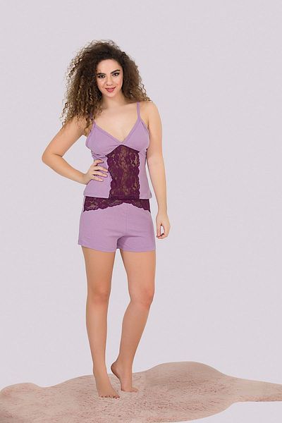 MyBen Women's Lilac Colored Lace Detailed Pajama Set with Strappy Shorts