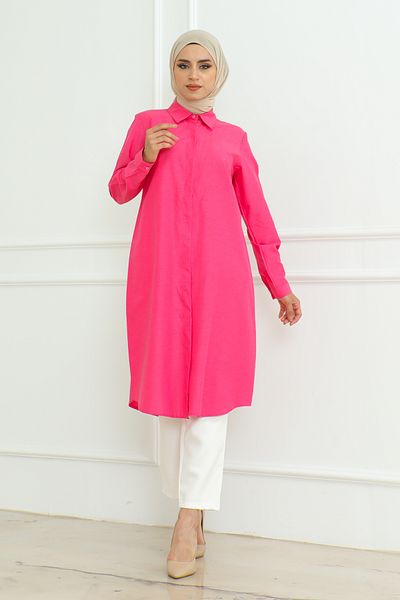 Eliva Fuchsia Women's Tunic - Long Sleeve, Button and Hijab Design