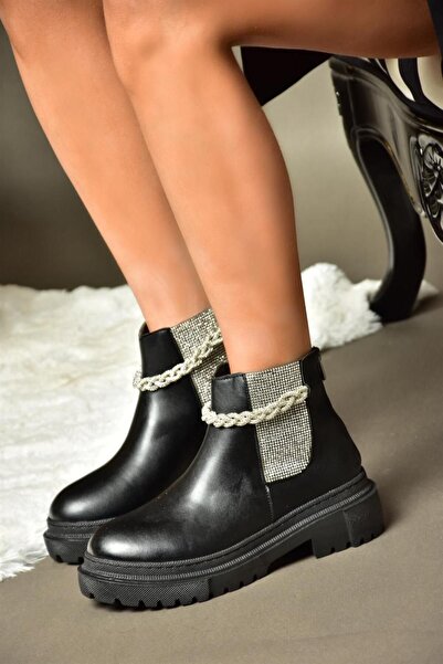 Fox Shoes R726418209 Siyah Taşlı Kalın Tabanlı Kadın Bot