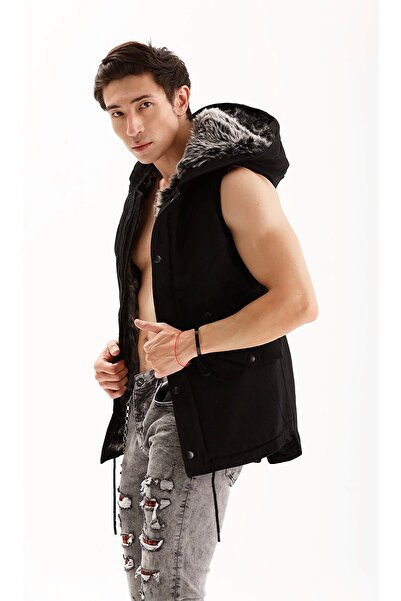 THIMOON Men's Black Standard Fit Hooded Puffer Vest