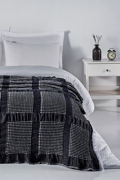 Denizli Concept Cuvertură de pat cu lățime de 230x250 cm cu vafe negre - 100% bumbac, fără călcat și țesut moale
