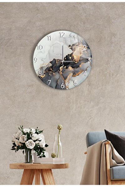 Saban Ceas decorativ din sticlă cu diametrul de 37 cm, cu ornamente aurii negre, accesoriu de decorare pentru casă la modă și elegant