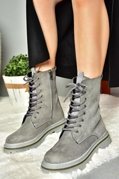 Fox Shoes R524802202 Gri Süet Bağcıklı Kadın Postal Bot