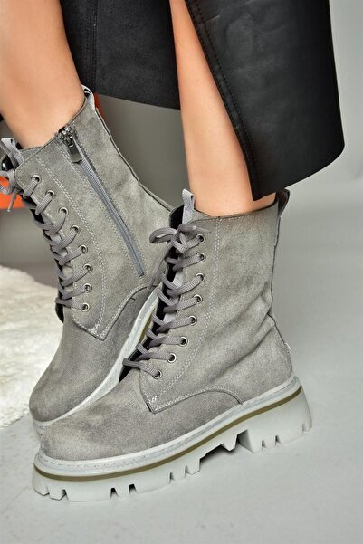 Fox Shoes R524802202 Gri Süet Bağcıklı Kadın Postal Bot