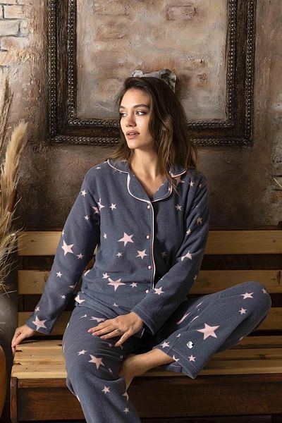 Sude Fleece Patterned Women's Pajama Set - Front Buttoned Shirt, P200/24 - 1 Piece