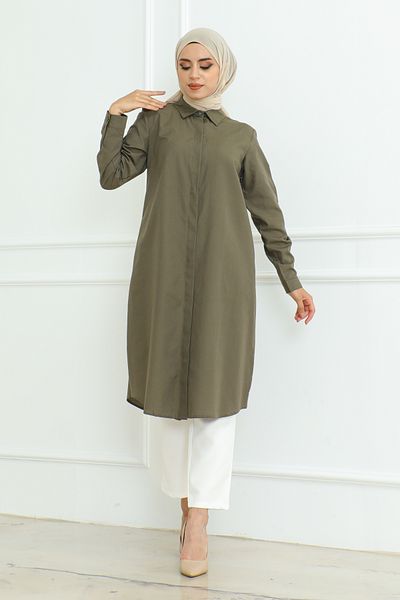Eliva Khaki Women's Tunic - Long Sleeve, Buttoned Collar, Hijab Design