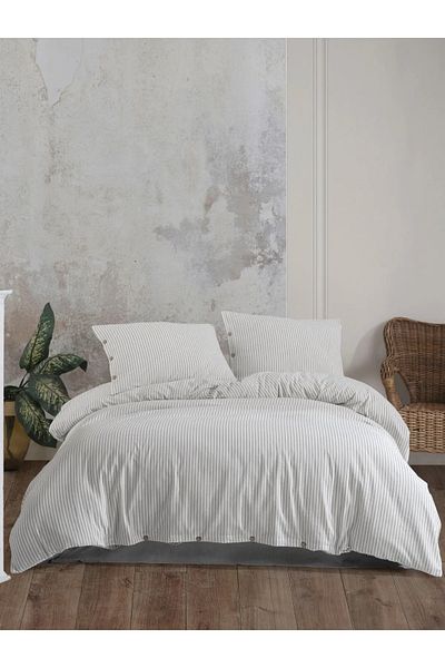 Çulha Lamassi - Double Anthracite Striped Duvet Cover Set, 100% Cotton, Thread Paint Washable Set