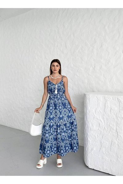 S&A Collectionn Rochie maxi albastră cu imprimeu etnic pentru femei - cu bretele subțiri și talie elastică