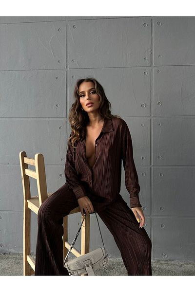 VESS MODA Γυναικείο πουκάμισο με πλισέ και ελαστικό σετ παντελόνι με άνετη εφαρμογή