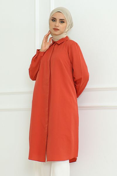 Eliva Orange Women's Tunic - Long Sleeve, Collar Button, Hijab Design