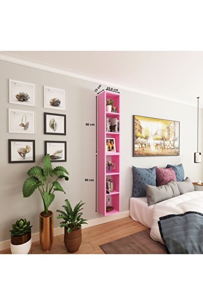 Dekormer Design Kitaplık Dikey Duvar Rafı İkili Birleşik Mobilya Takım Pembe