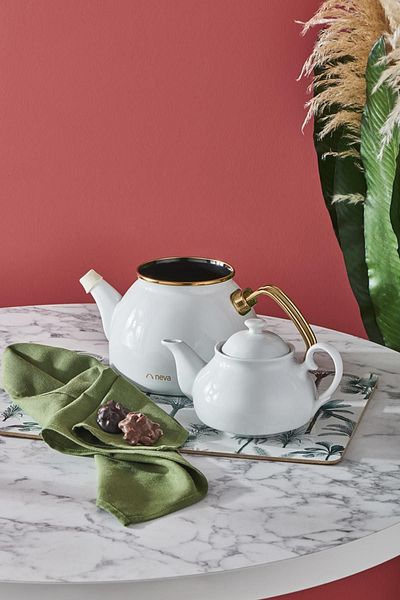 Neva Nv10055 White Enamel Teapot Set with Porcelain Teapot
