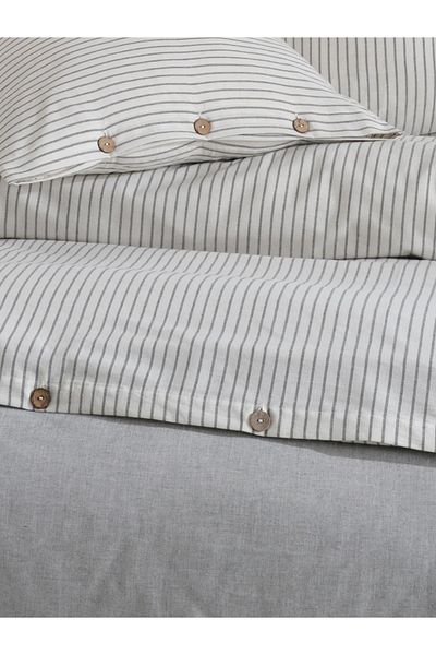 Çulha Lamassi - Double Anthracite Striped Duvet Cover Set, 100% Cotton, Thread Paint Washable Set