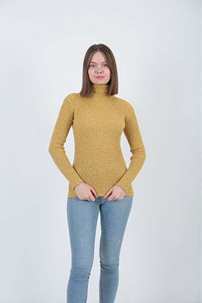 TİGERS Women's Mustard Glitter Knitwear Turtleneck Sweater