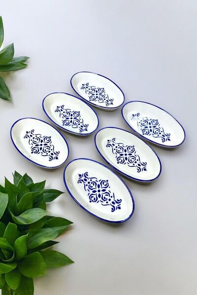 Tabak Home نبات القراص الأزرق السيراميكي الفاخر - 6 قطع قارب بيضاوي، الإفطار،...