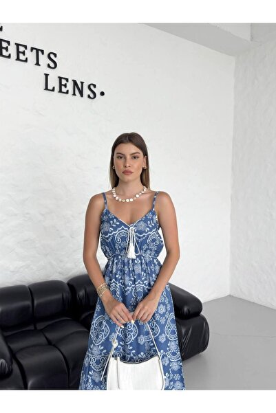 S&A Collectionn Kadın İnce Askılı Beli Lastikli Püsküllü Etnik Desenli Maxi Mavi Elbise